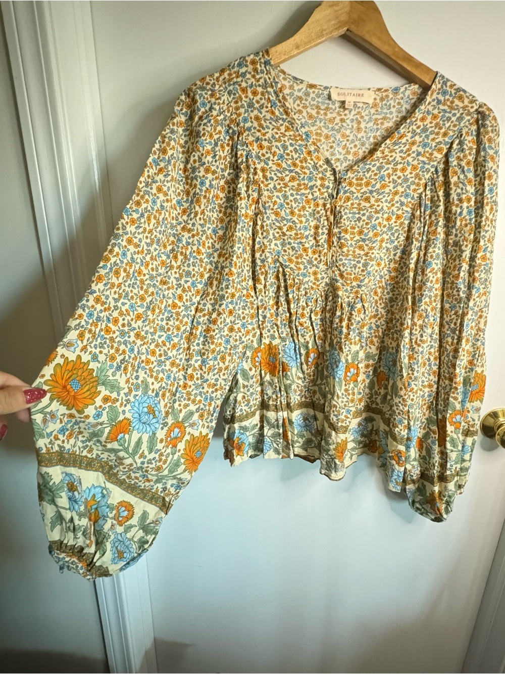 Solitaire Floral Peasant Blouse Long Sleeve Border Print Boho Festival Ditsy